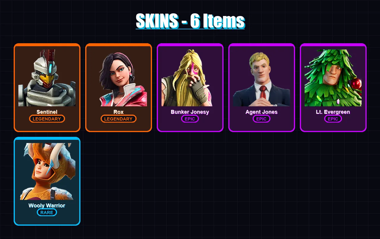 [PC/XBOX/PSN] | Sentinel | Rox | Bunker Jonesy | Agent Jones | Lt. Evergreen | 6 skin | 4 pickaxe | 6 emote | 10 glider | Lv89