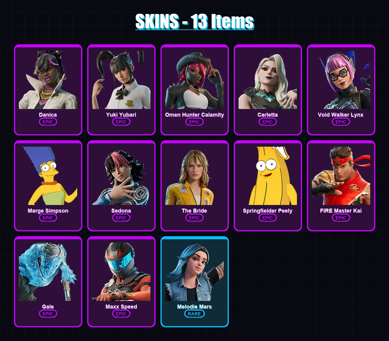 [PC/XBOX/PSN] | Danica | Yuki Yubari | Omen Hunter Calamity | Carletta | Void Walker Lynx | 13 skin | 10 pickaxe | 4 emote | 6 glider | Lv19