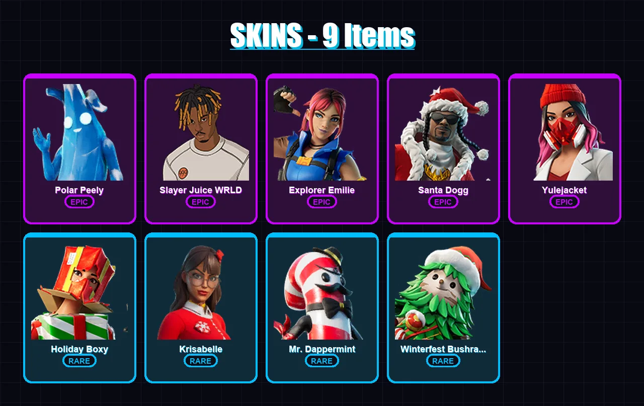 [PC/PSN] | Polar Peely | Slayer Juice WRLD | Explorer Emilie | Santa Dogg | Yulejacket | 9 skin | 11 pickaxe | 6 emote | 11 glider | Lv55