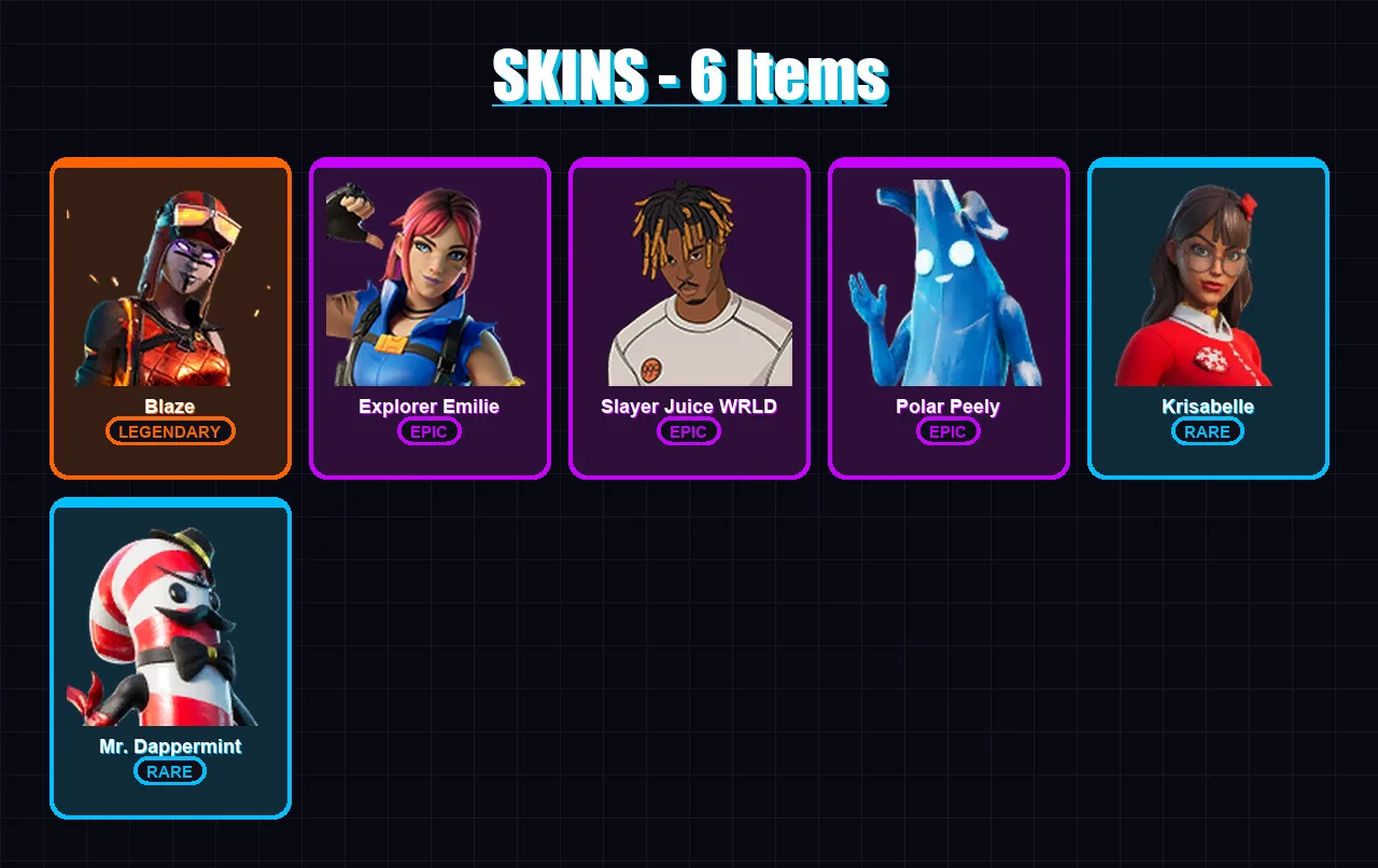 [PC/PSN] | Blaze | Explorer Emilie | Slayer Juice WRLD | Polar Peely | Krisabelle | 6 skin | 12 pickaxe | 5 emote | 7 glider | Lv100