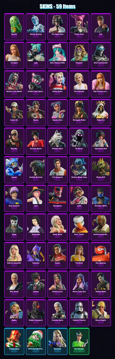 [SWITCH/XBOX/PSN/PC] | Big Dill | Glacial Dummy | The Night Rose | Power Punk | Clix | 59 skin | 76 pickaxe | 65 emote | 51 glider | Lv525