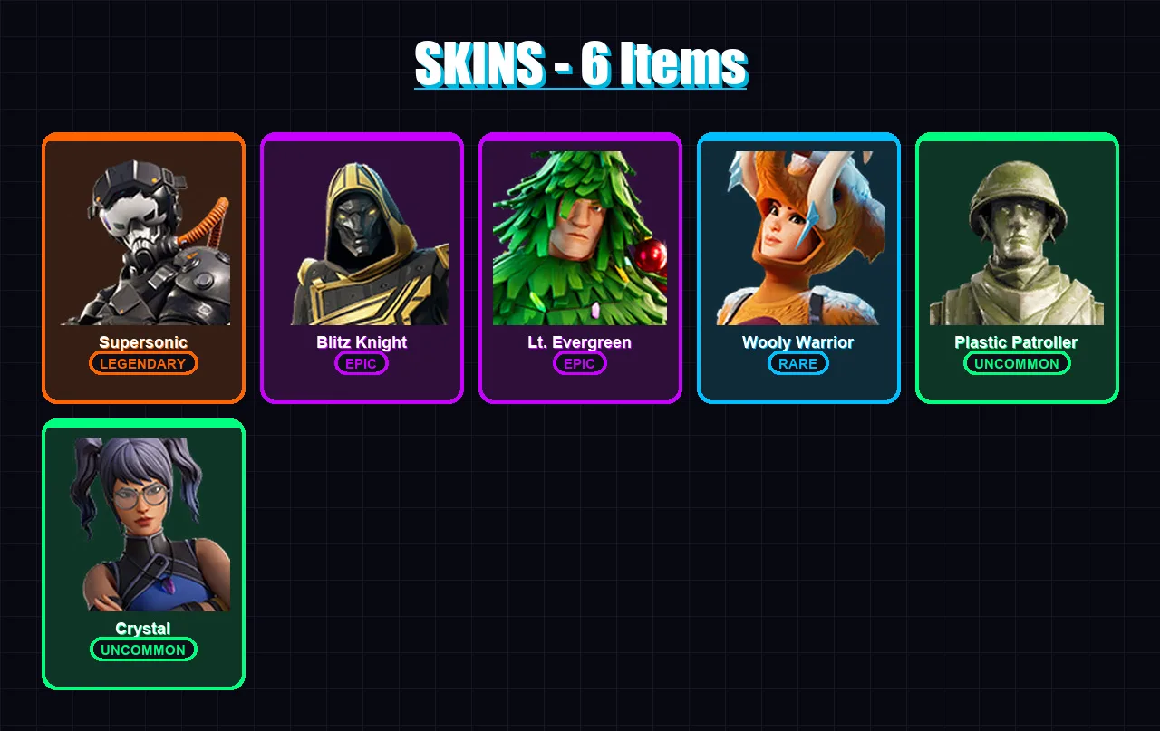 [PC/PSN] | Supersonic | Blitz Knight | Lt. Evergreen | Wooly Warrior | Plastic Patroller | 6 skin | 16 pickaxe | 9 emote | 19 glider | Lv209