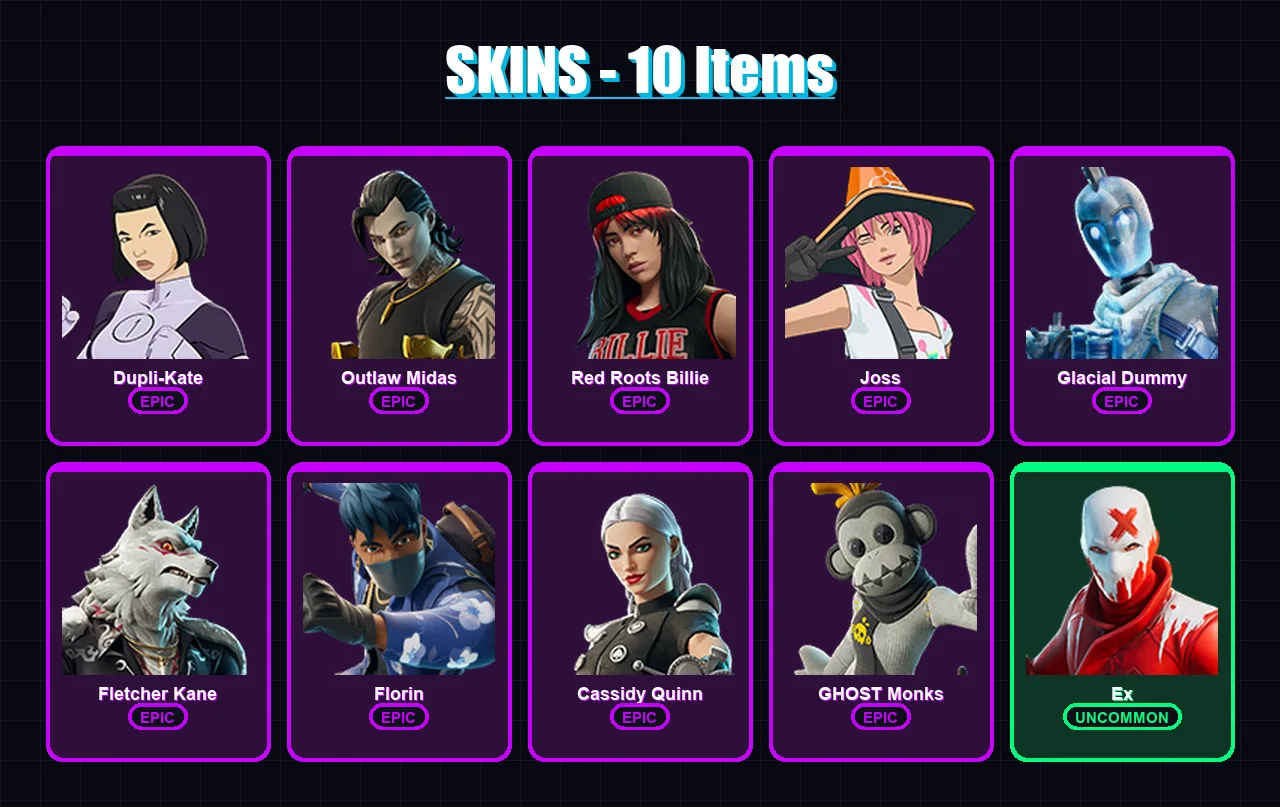 [PS4/PS5/XBOX/PC] | Dupli-Kate | Outlaw Midas | Red Roots Billie | Joss | Glacial Dummy | 10 skin | 35 pickaxe | 18 emote | 19 glider | Lv476