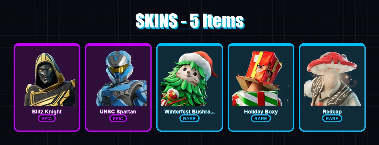 [PC/XBOX/PSN] | Blitz Knight | UNSC Spartan | Winterfest Bushranger | Holiday Boxy | Redcap | 5 skin | 47 pickaxe | 19 emote | 34 glider | Lv523