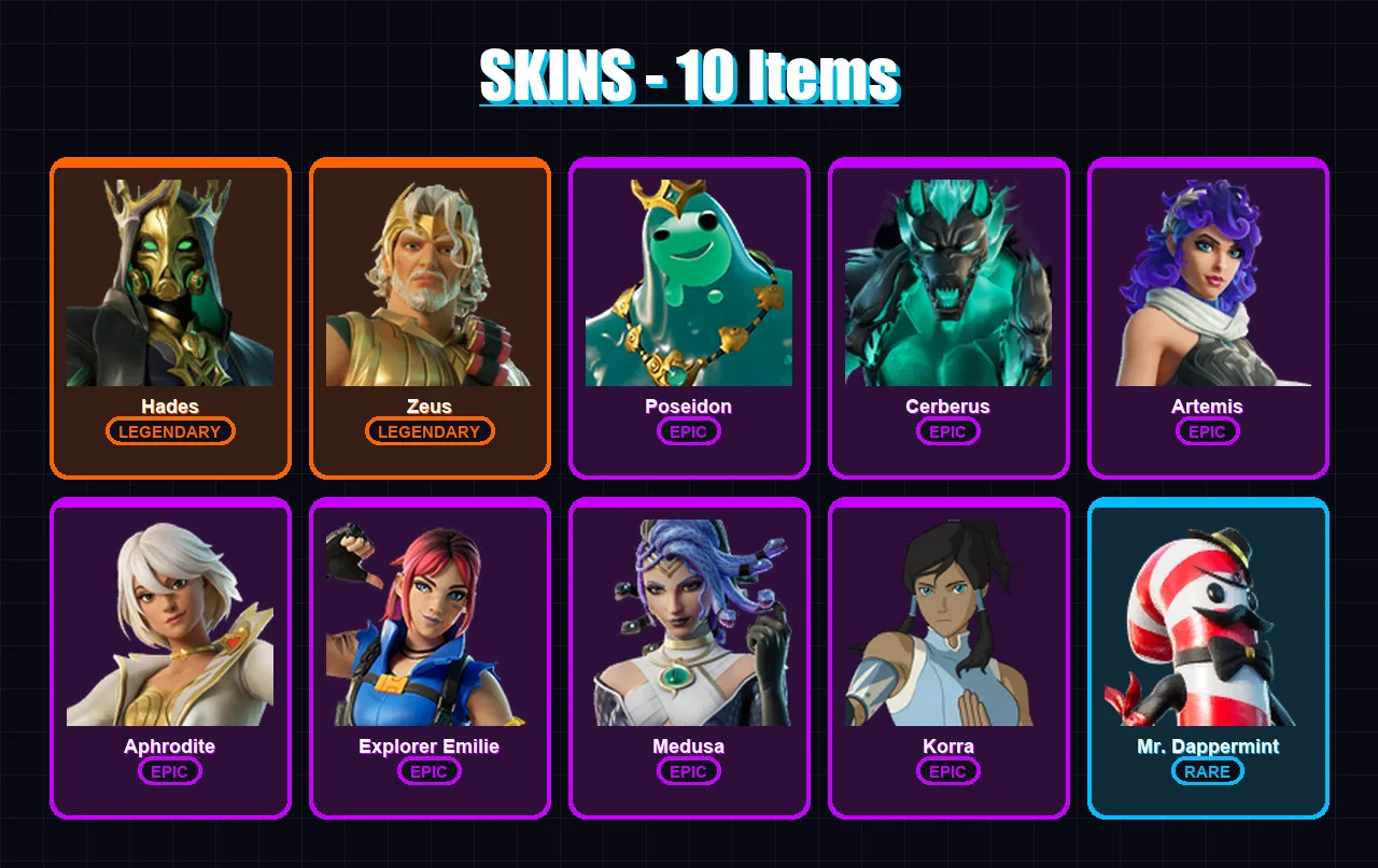 [PC/XBOX/PSN] | Hades | Zeus | Poseidon | Cerberus | Artemis | 10 skin | 20 pickaxe | 17 emote | 14 glider | Lv217