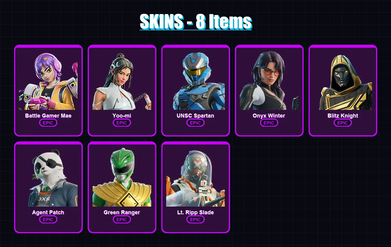[PC/XBOX/PSN] | Battle Gamer Mae | Yoo-mi | UNSC Spartan | Onyx Winter | Blitz Knight | 8 skin | 30 pickaxe | 15 emote | 22 glider | Lv339