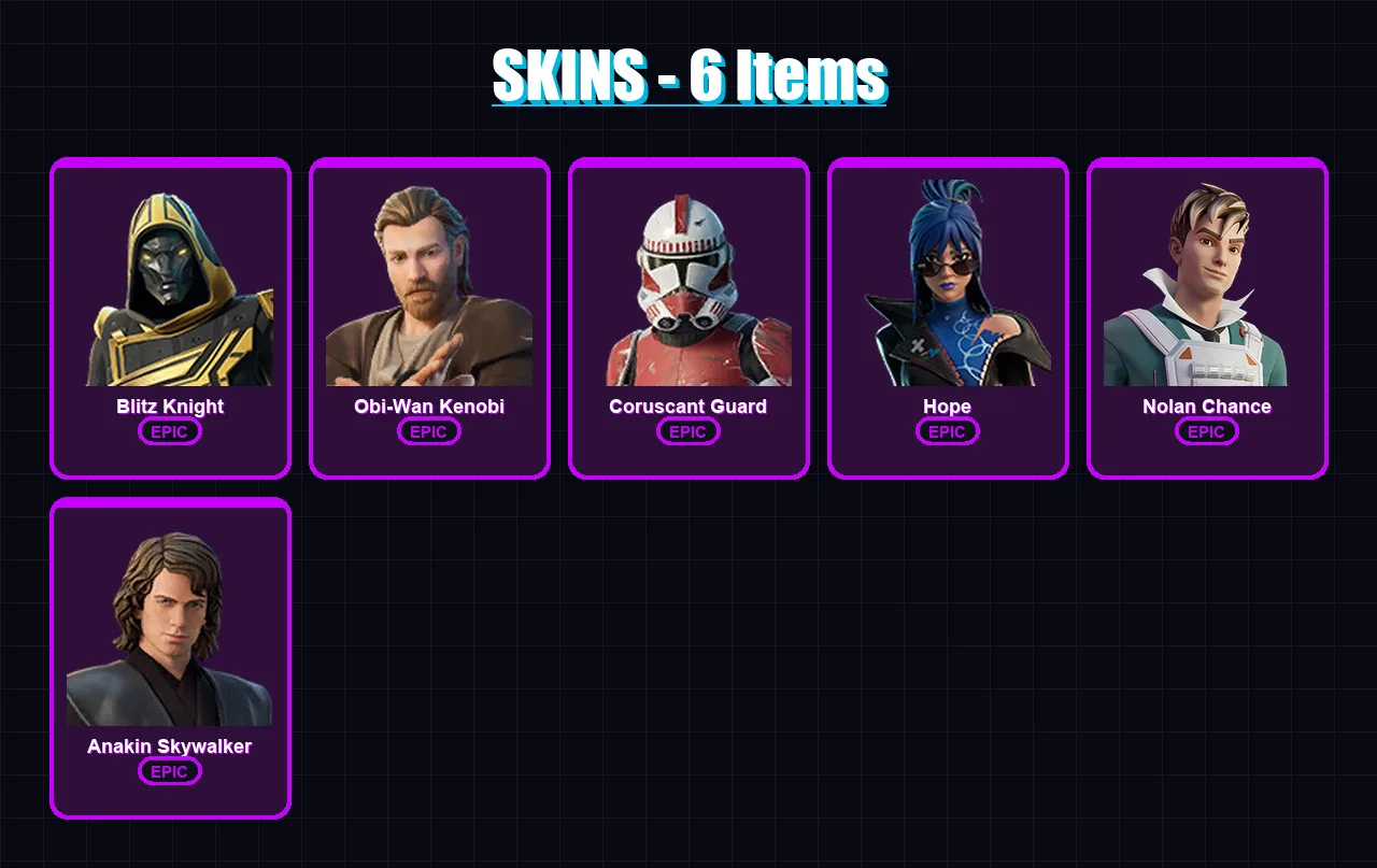 [PS4/PS5/XBOX/PC] | Blitz Knight | Obi-Wan Kenobi | Coruscant Guard | Hope | Nolan Chance | 6 skin | 22 pickaxe | 6 emote | 17 glider | Lv129