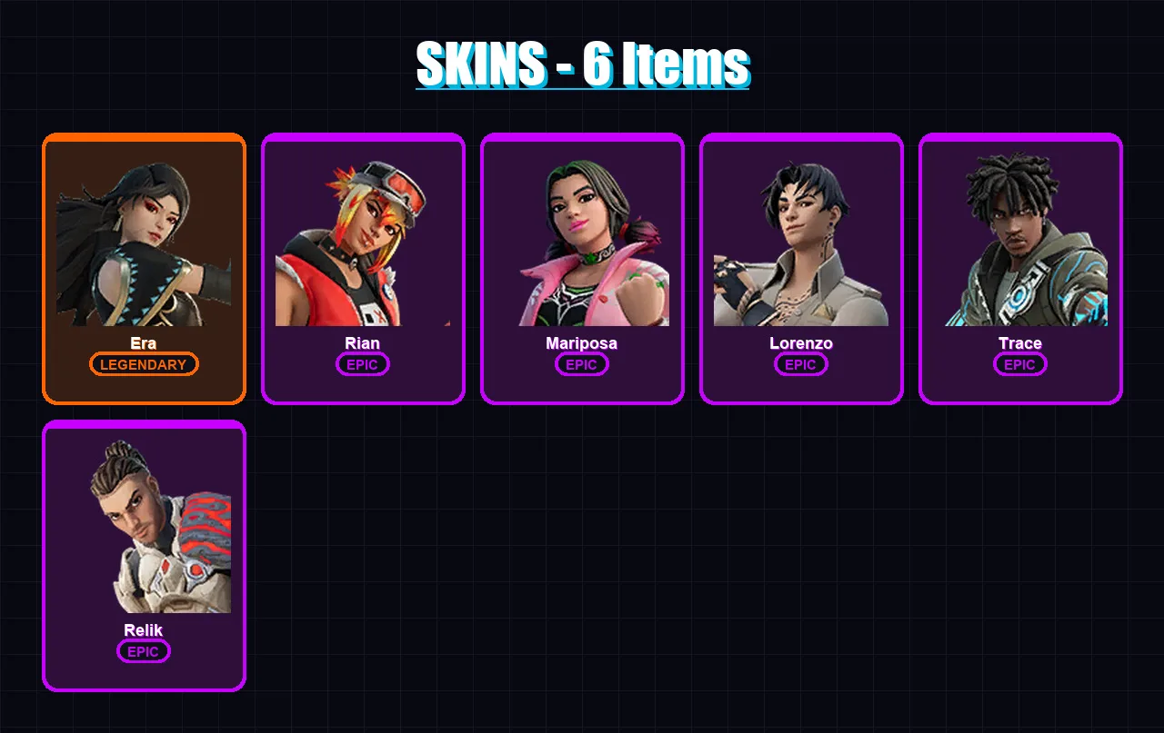 [PC/XBOX/PSN] | Era | Rian | Mariposa | Lorenzo | Trace | 6 skin | 18 pickaxe | 11 emote | 17 glider | Lv279