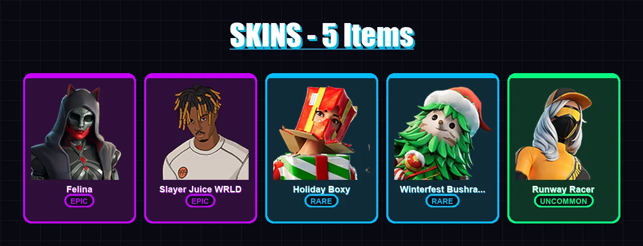 [PC/XBOX/PSN] | Felina | Slayer Juice WRLD | Holiday Boxy | Winterfest Bushranger | Runway Racer | 5 skin | 26 pickaxe | 10 emote | 22 glider | Lv42