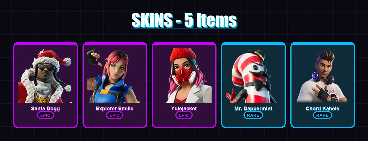 [PS4/PS5/XBOX/PC] | Santa Dogg | Explorer Emilie | Yulejacket | Mr. Dappermint | Chord Kahele | 5 skin | 19 pickaxe | 13 emote | 15 glider | Lv122