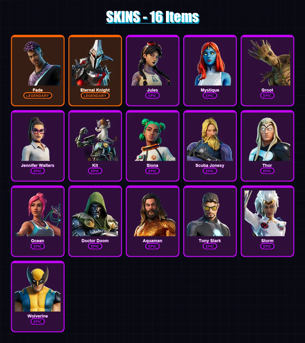 [PS4/PS5/XBOX/PC] | Fade | Eternal Knight | Jules | Mystique | Groot | 16 skin | 20 pickaxe | 17 emote | 22 glider | Lv322