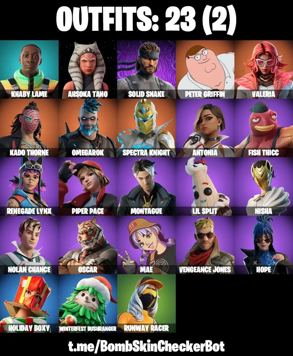 23 Skins PC/PSN/XBOX Kado Thorne Spectra Knight Peter Griffin Valeria Omegarok Ahsoka Tano Solid Snake Khaby Lame Mae — Fortnite account