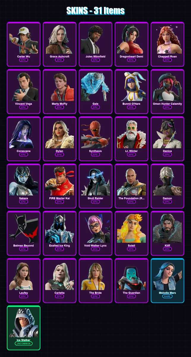 [PC/XBOX/PSN] | Carter Wu | Grace Ashcroft | Jules Winnfield | Dragonheart Demi | Chappell Roan | 31 skin | 23 pickaxe | 12 emote | 9 glider | Lv34