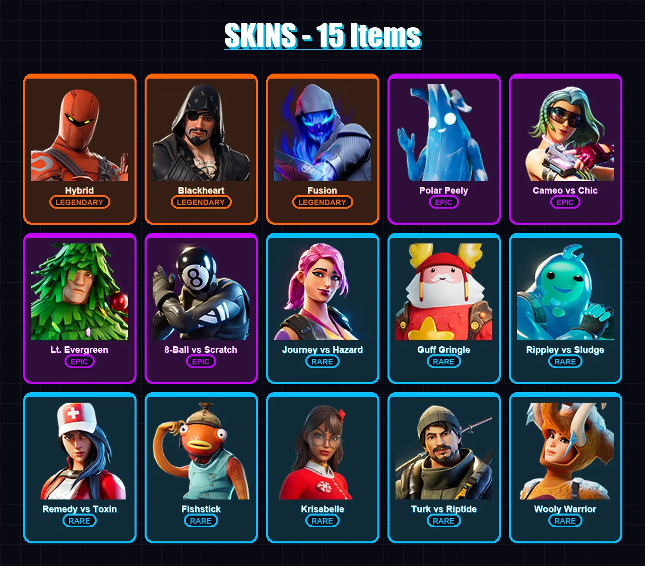 [PC/XBOX] | Hybrid | Blackheart | Fusion | Polar Peely | Cameo vs Chic | 15 skin | 23 pickaxe | 23 emote | 24 glider | Lv374