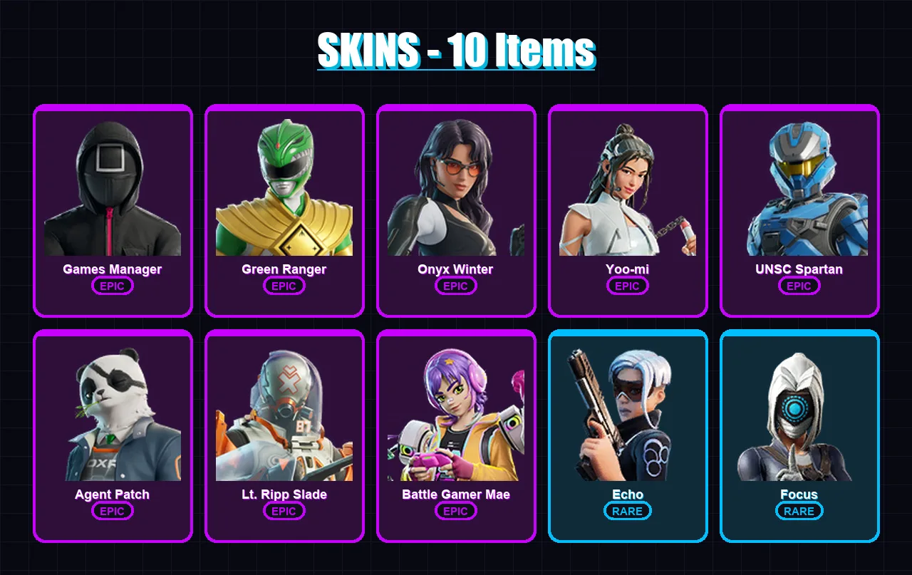 [PC/XBOX/PSN] | Games Manager | Green Ranger | Onyx Winter | Yoo-mi | UNSC Spartan | 10 skin | 16 pickaxe | 13 emote | 14 glider | Lv130