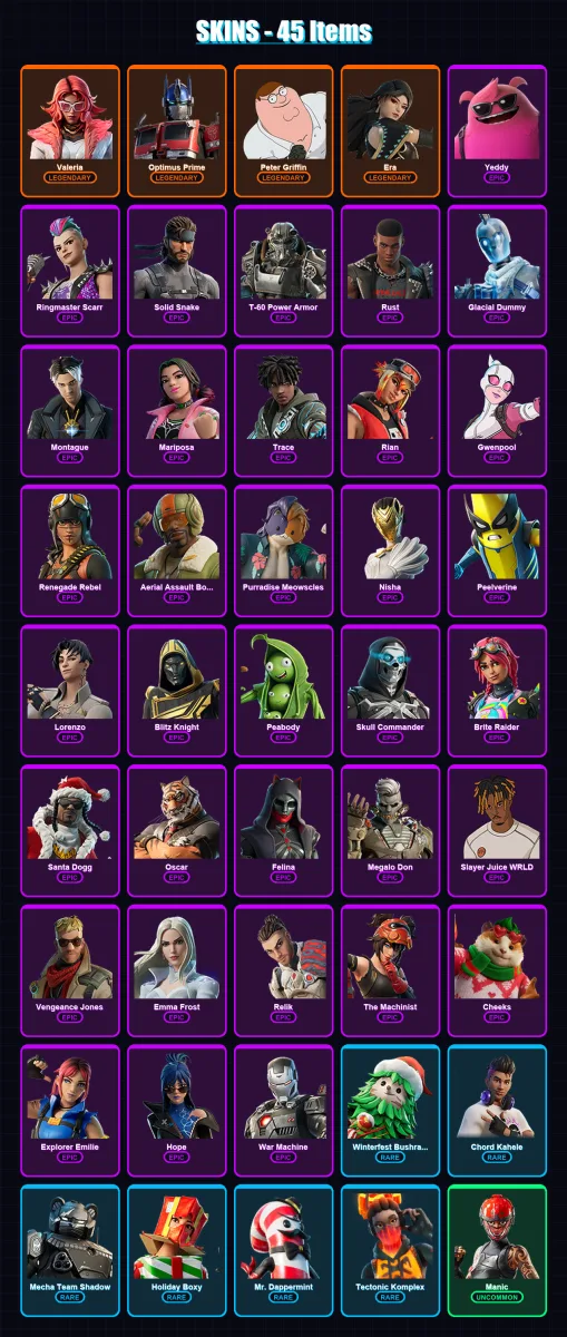 [PC] | Valeria | Optimus Prime | Peter Griffin | Era | Yeddy | 45 skin | 116 pickaxe | 63 emote | 83 glider | Lv1634