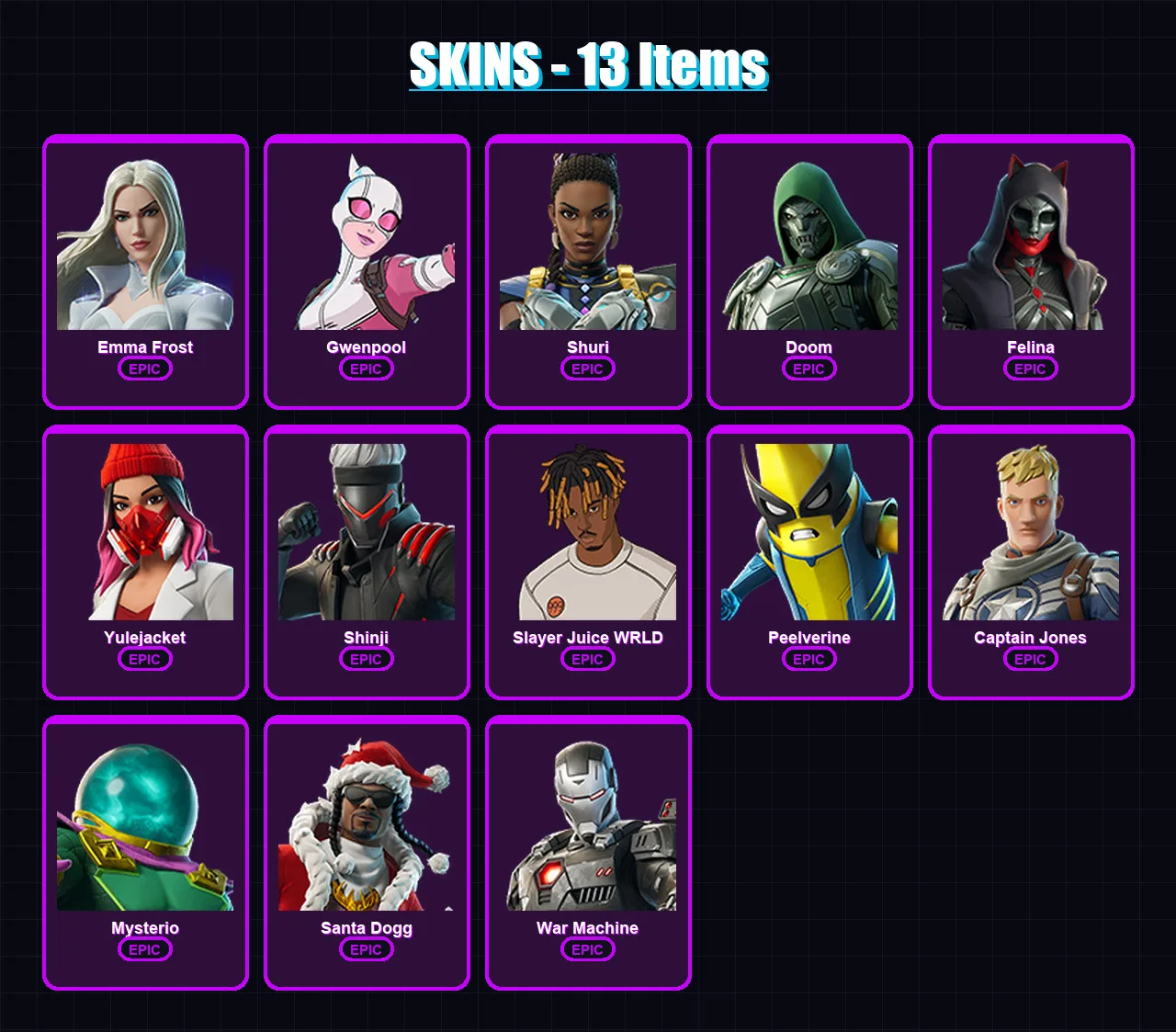 [PS4/PS5/XBOX/PC] | Emma Frost | Gwenpool | Shuri | Doom | Felina | 13 skin | 38 pickaxe | 21 emote | 21 glider | Lv365 — Fortnite account