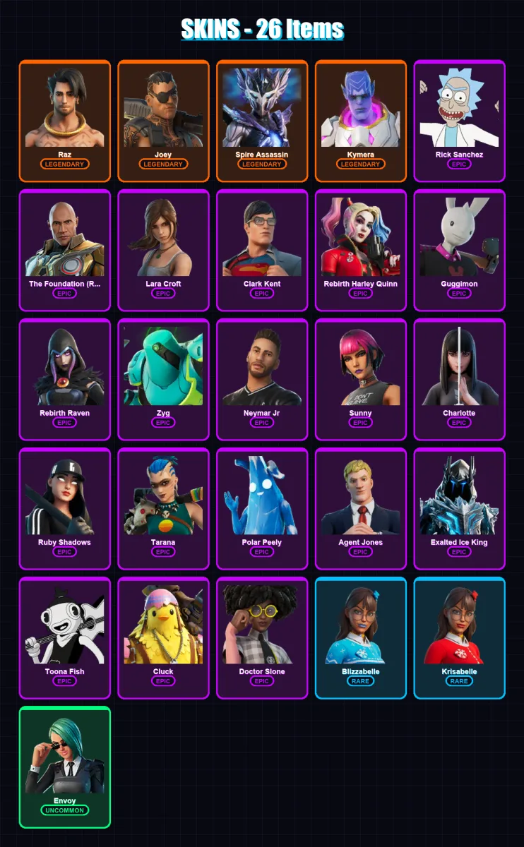 [SWITCH/XBOX/PSN/PC] | Raz | Joey | Spire Assassin | Kymera | Rick Sanchez | 26 skin | 41 pickaxe | 30 emote | 42 glider | Lv439