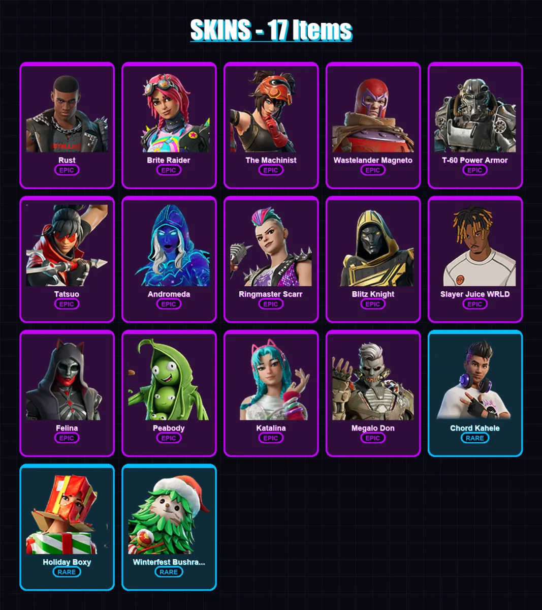 [PC/XBOX/PSN] | Rust | Brite Raider | The Machinist | Wastelander Magneto | T-60 Power Armor | 17 skin | 62 pickaxe | 33 emote | 45 glider | Lv915