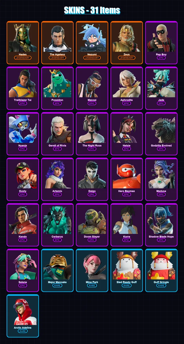 [PC/XBOX/PSN] | Hades | The Ageless | Nezumi | Zeus | Rap Boy | 31 skin | 40 pickaxe | 31 emote | 35 glider | Lv480
