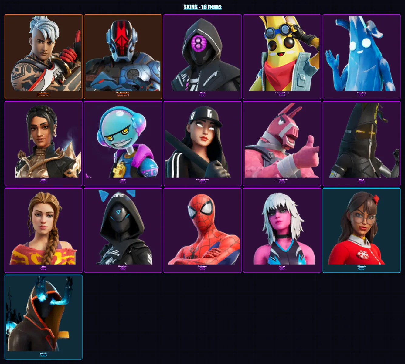 [PC/PSN] | Ronin | The Foundation | CRZ-8 | Adventure Peely | Polar Peely | 16 skin | 19 pickaxe | 8 emote | 11 glider | Lv169