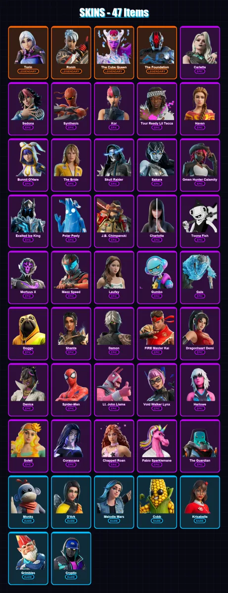 [PC/XBOX/PSN] | Torin | Ronin | The Cube Queen | The Foundation | Carletta | 47 skin | 32 pickaxe | 13 emote | 17 glider | Lv231