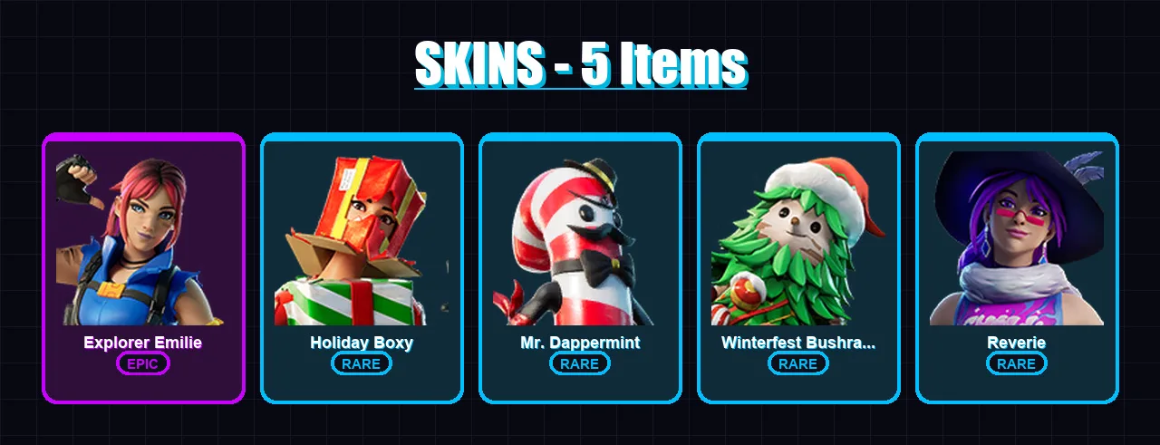 [PS4/PS5/XBOX/PC] | Explorer Emilie | Holiday Boxy | Mr. Dappermint | Winterfest Bushranger | Reverie | 5 skin | 9 pickaxe | 2 emote | 9 glider | Lv