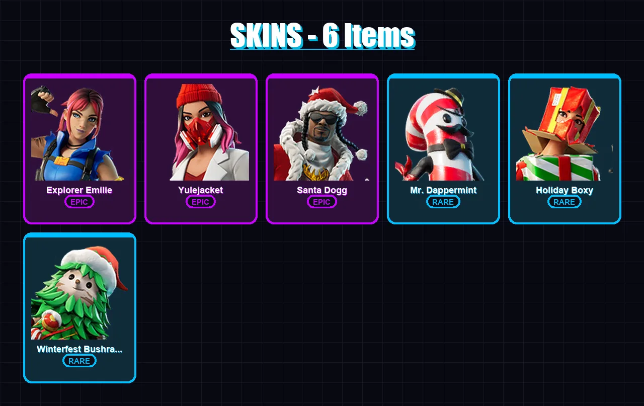 [PC/XBOX/PSN] | Explorer Emilie | Yulejacket | Santa Dogg | Mr. Dappermint | Holiday Boxy | 6 skin | 22 pickaxe | 8 emote | 13 glider | Lv212