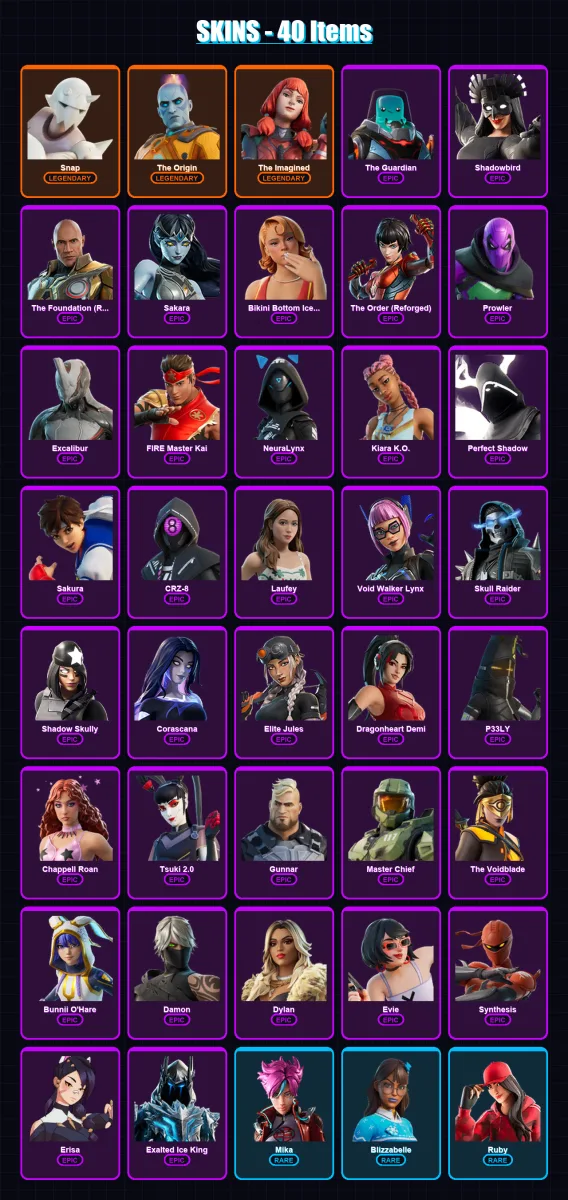 [PC/XBOX/PSN] | Snap | The Origin | The Imagined | The Guardian | Shadowbird | 40 skin | 40 pickaxe | 11 emote | 24 glider | Lv195
