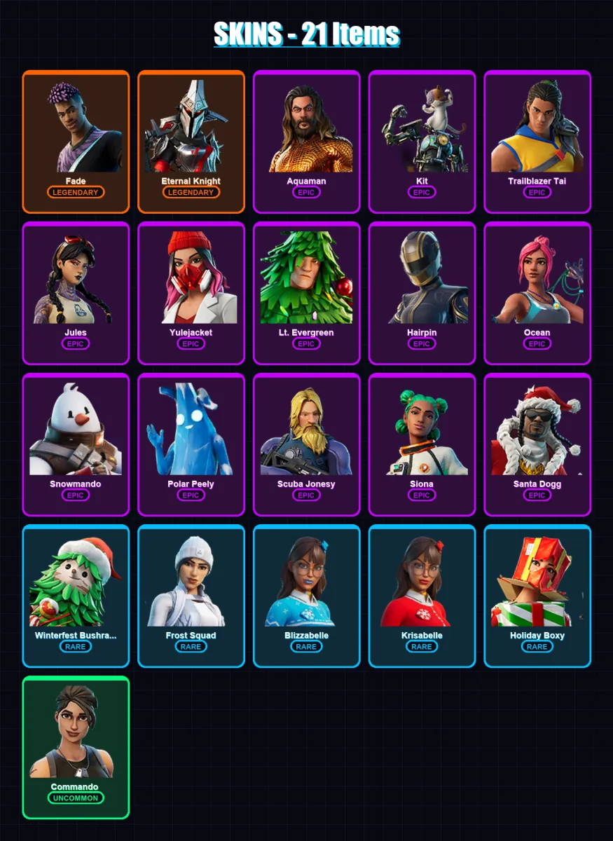 [PC/XBOX] | Fade | Eternal Knight | Aquaman | Kit | Trailblazer Tai | 21 skin | 61 pickaxe | 54 emote | 57 glider | Lv1217