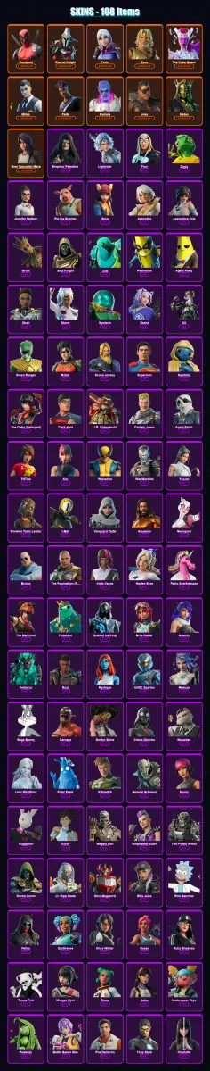[PS4/PS5/XBOX/PC] | Deadpool | Eternal Knight | Torin | Zeus | The Cube Queen | 108 skin | 192 pickaxe | 121 emote | 136 glider | Lv2652