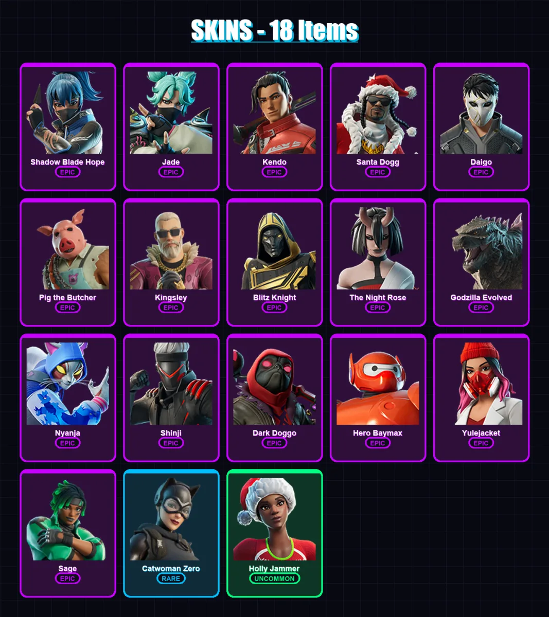 [PC/XBOX] | Shadow Blade Hope | Jade | Kendo | Santa Dogg | Daigo | 18 skin | 58 pickaxe | 28 emote | 38 glider | Lv475