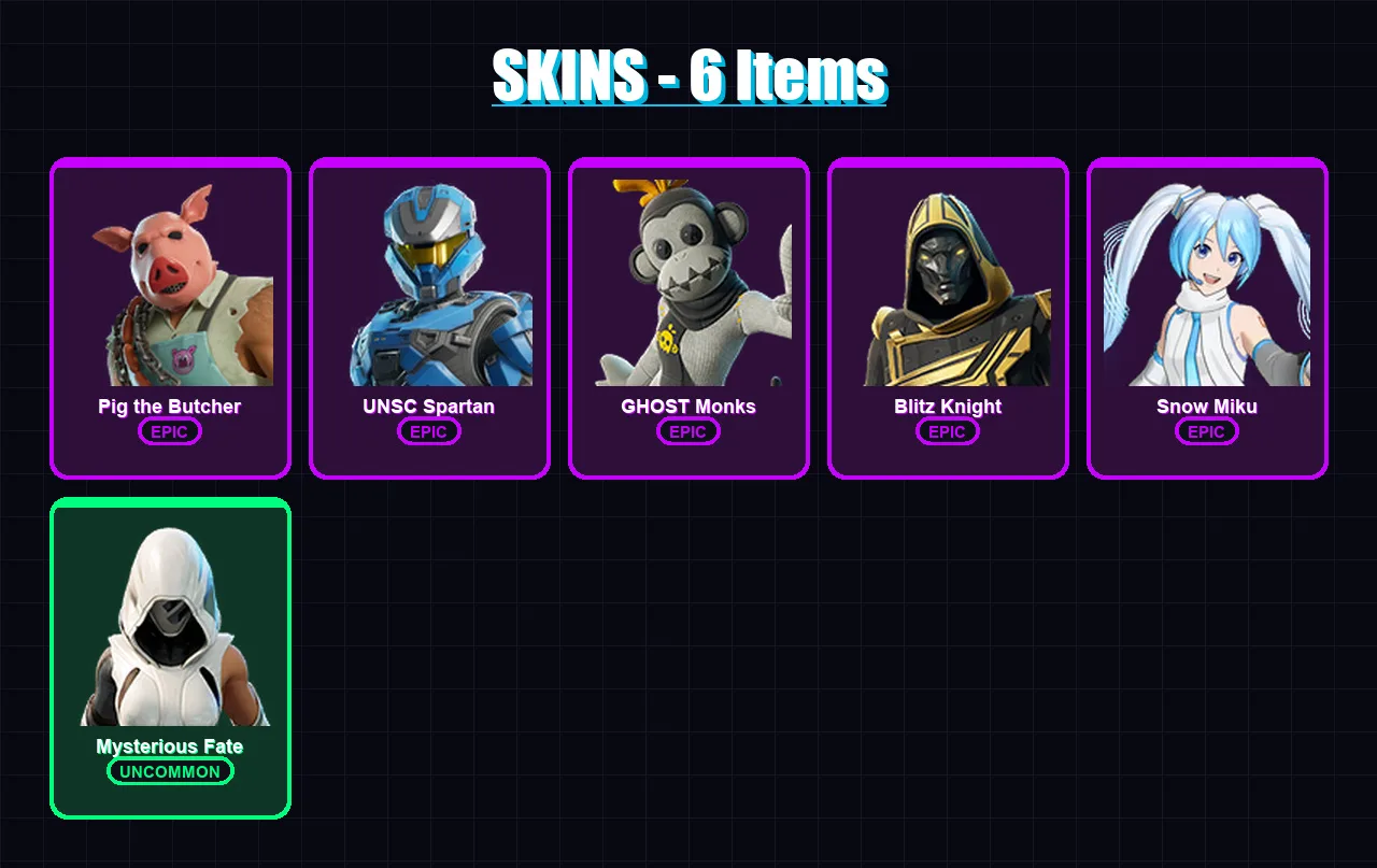 [PC/PSN] | Pig the Butcher | UNSC Spartan | GHOST Monks | Blitz Knight | Snow Miku | 6 skin | 44 pickaxe | 22 emote | 26 glider | Lv744