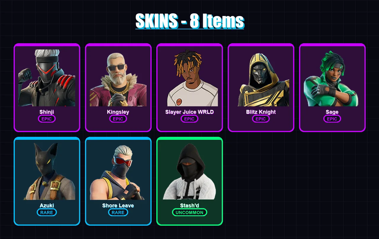 [PS4/PS5/XBOX/PC] | Shinji | Kingsley | Slayer Juice WRLD | Blitz Knight | Sage | 8 skin | 29 pickaxe | 15 emote | 13 glider | Lv109