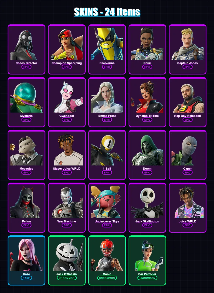 [PC/PSN] | Chaos Director | Champion Sparkplug | Peelverine | Shuri | Captain Jones | 24 skin | 36 pickaxe | 30 emote | 24 glider | Lv738