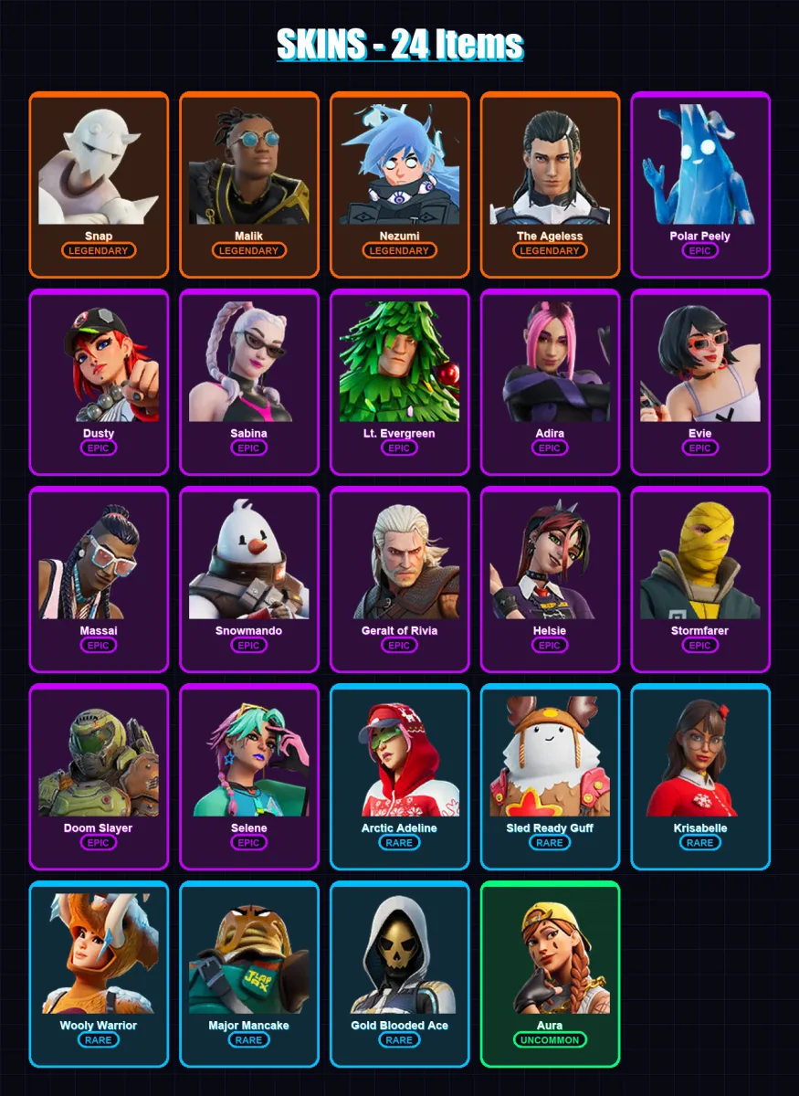 [PS4/PS5/XBOX/PC] | Snap | Malik | Nezumi | The Ageless | Polar Peely | 24 skin | 49 pickaxe | 54 emote | 55 glider | Lv1062