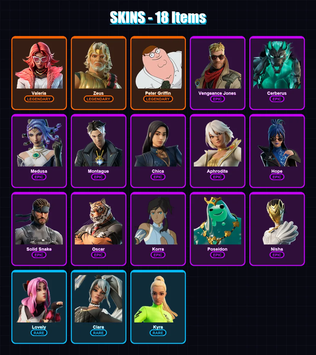 [SWITCH/PSN/PC] | Valeria | Zeus | Peter Griffin | Vengeance Jones | Cerberus | 18 skin | 31 pickaxe | 29 emote | 24 glider | Lv288
