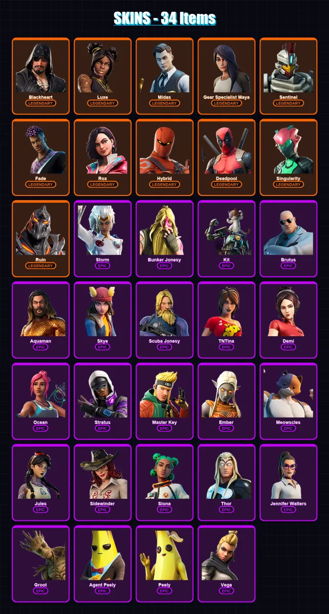 [PS4/PS5/XBOX/PC] | Blackheart | Luxe | Midas | Gear Specialist Maya | Sentinel | 34 skin | 41 pickaxe | 36 emote | 41 glider | Lv574