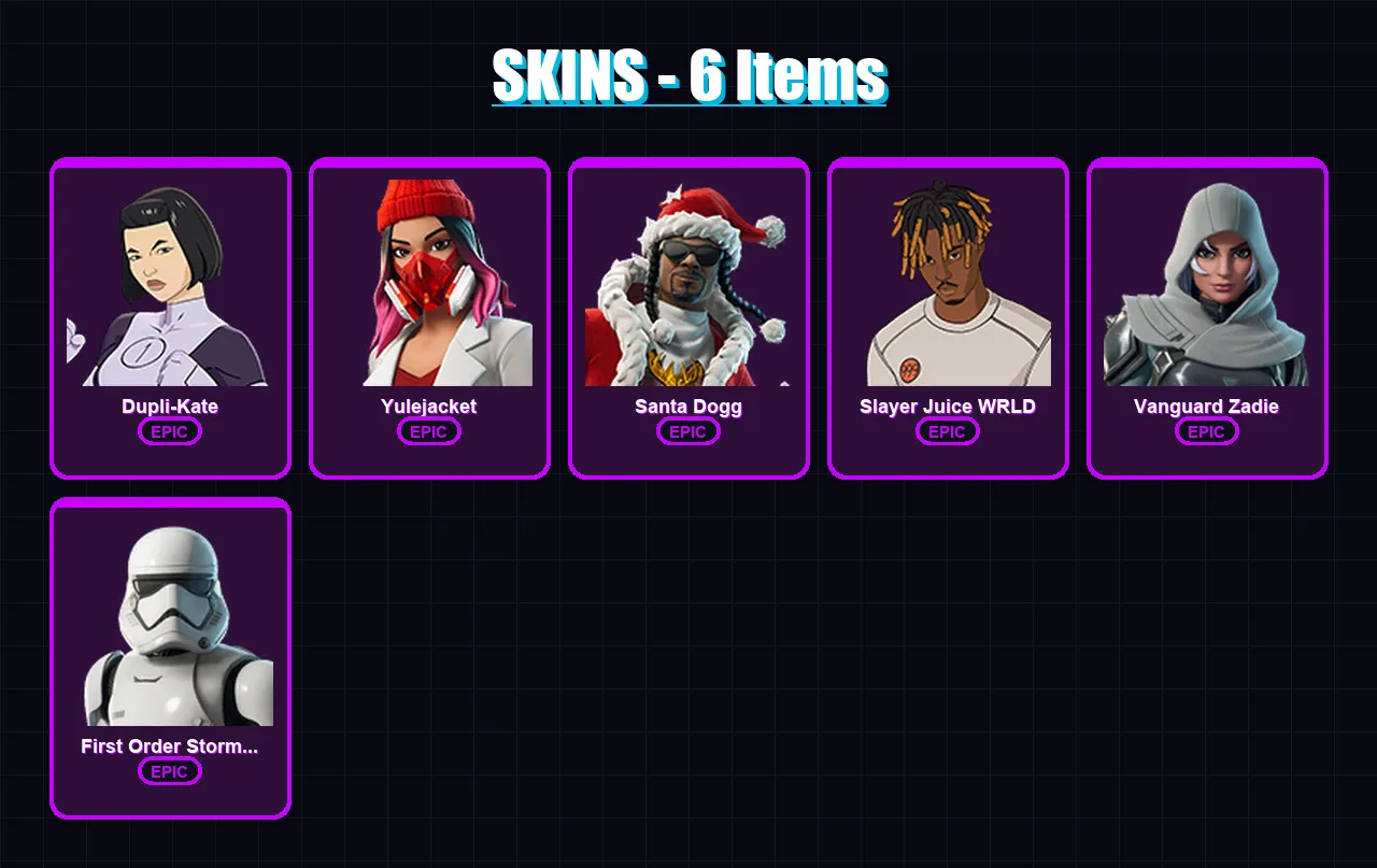 [PC/XBOX/PSN] | Dupli-Kate | Yulejacket | Santa Dogg | Slayer Juice WRLD | Vanguard Zadie | 6 skin | 39 pickaxe | 16 emote | 26 glider | Lv790