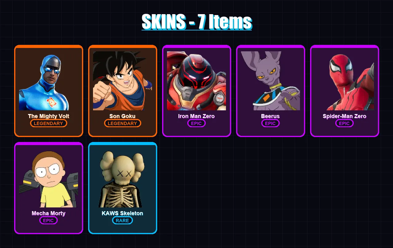 [PC/PSN] | The Mighty Volt | Son Goku | Iron Man Zero | Beerus | Spider-Man Zero | 7 skin | 14 pickaxe | 13 emote | 8 glider | Lv128