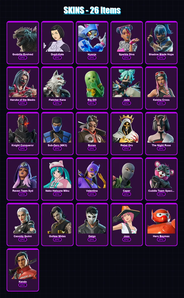 [PC/XBOX/PSN] | Godzilla Evolved | Dupli-Kate | Nyanja | Sparkle Diva | Shadow Blade Hope | 26 skin | 33 pickaxe | 28 emote | 25 glider | Lv455