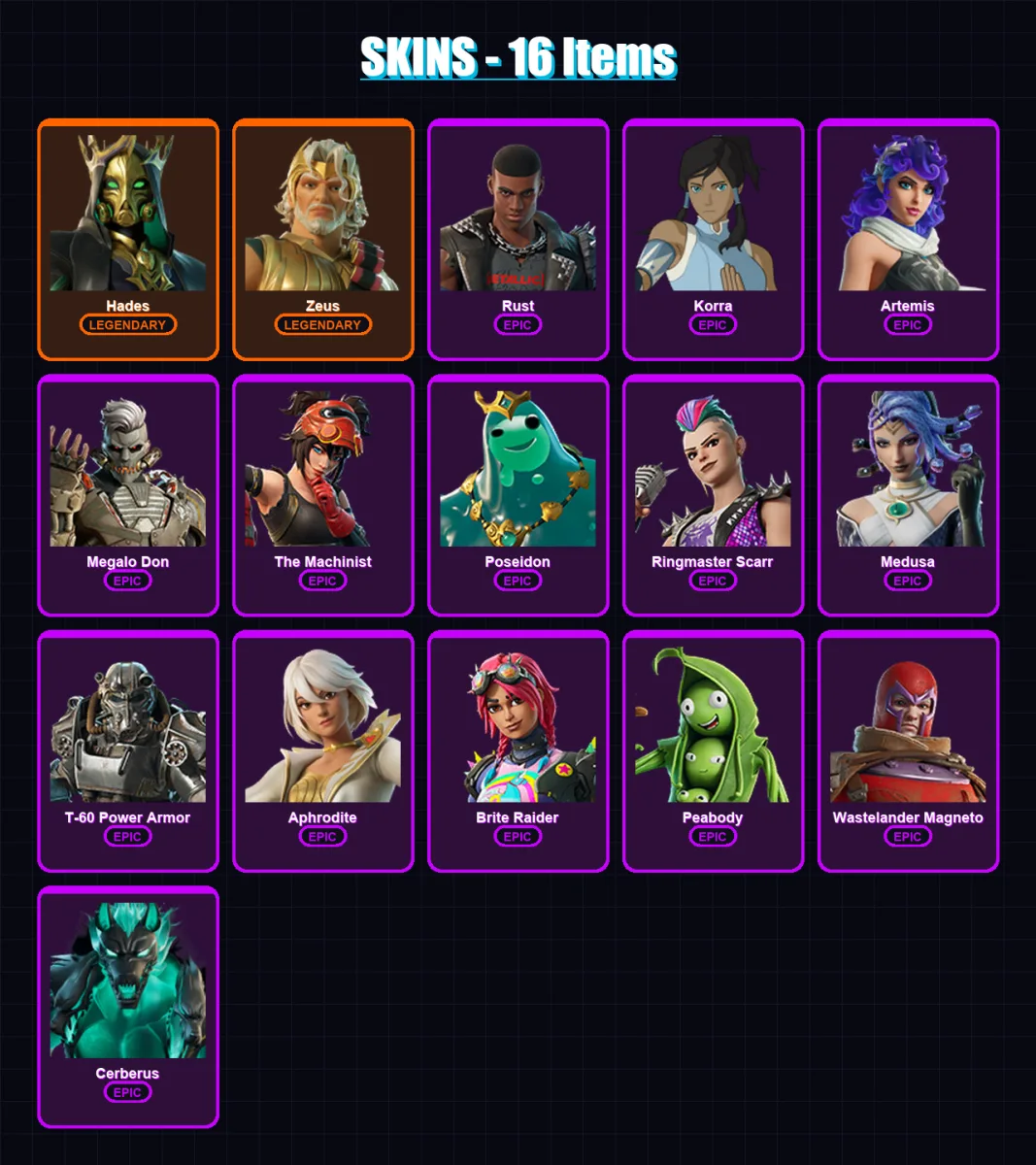 [PS4/PS5/XBOX/PC] | Hades | Zeus | Rust | Korra | Artemis | 16 skin | 26 pickaxe | 21 emote | 23 glider | Lv436