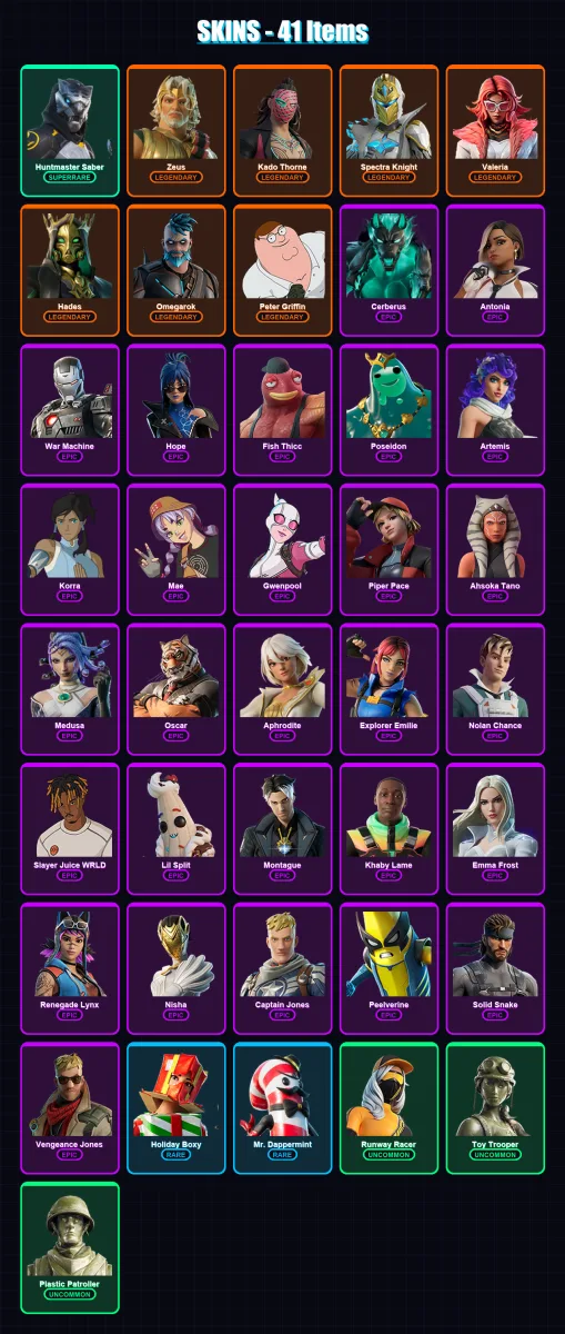 [PC/PSN] | Huntmaster Saber | Zeus | Kado Thorne | Spectra Knight | Valeria | 41 skin | 56 pickaxe | 37 emote | 52 glider | Lv668