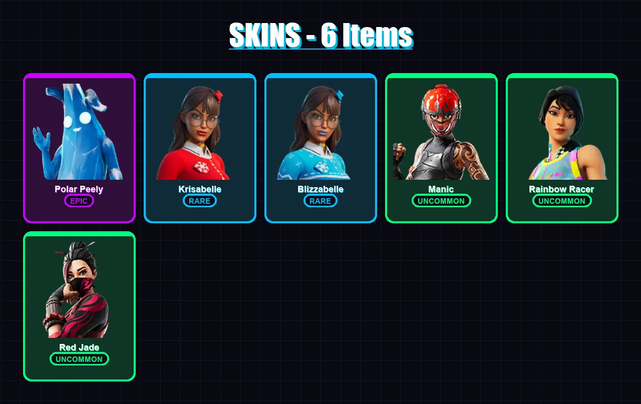 [PS4/PS5/XBOX/PC] | Polar Peely | Krisabelle | Blizzabelle | Manic | Rainbow Racer | 6 skin | 7 pickaxe | 9 emote | 10 glider | Lv219
