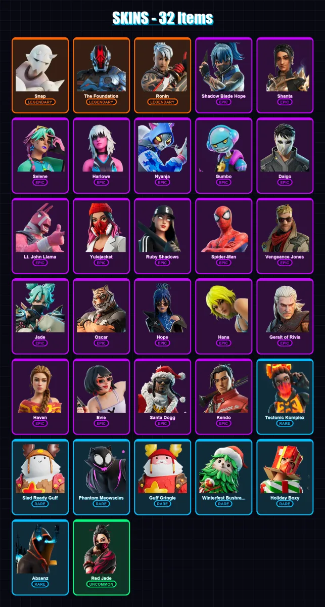 [PC/PSN] | Snap | The Foundation | Ronin | Shadow Blade Hope | Shanta | 32 skin | 46 pickaxe | 28 emote | 43 glider | Lv419