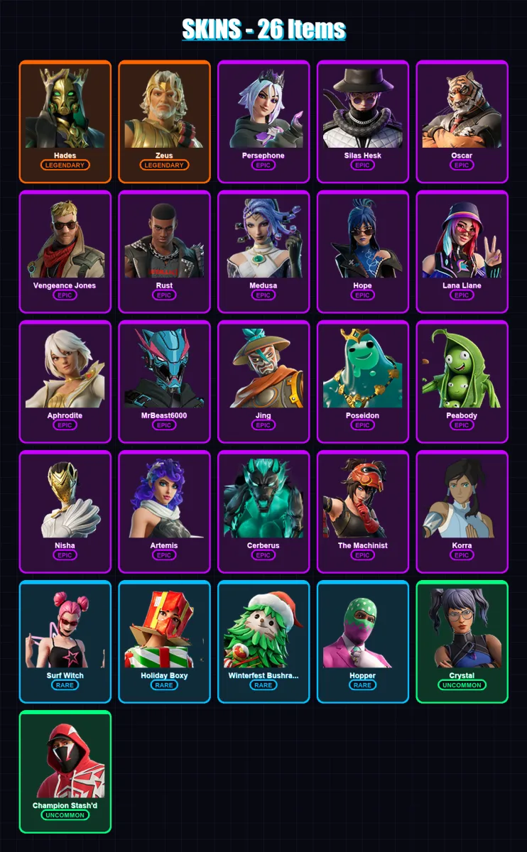 [PC/XBOX/PSN] | Hades | Zeus | Persephone | Silas Hesk | Oscar | 26 skin | 28 pickaxe | 21 emote | 25 glider | Lv240