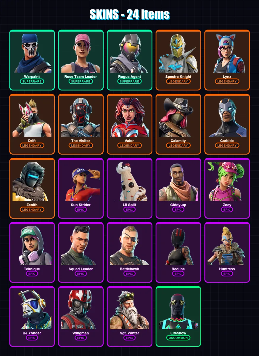 [PC/XBOX] | Warpaint | Rose Team Leader | Rogue Agent | Spectra Knight | Lynx | 24 skin | 23 pickaxe | 21 emote | 33 glider | Lv331