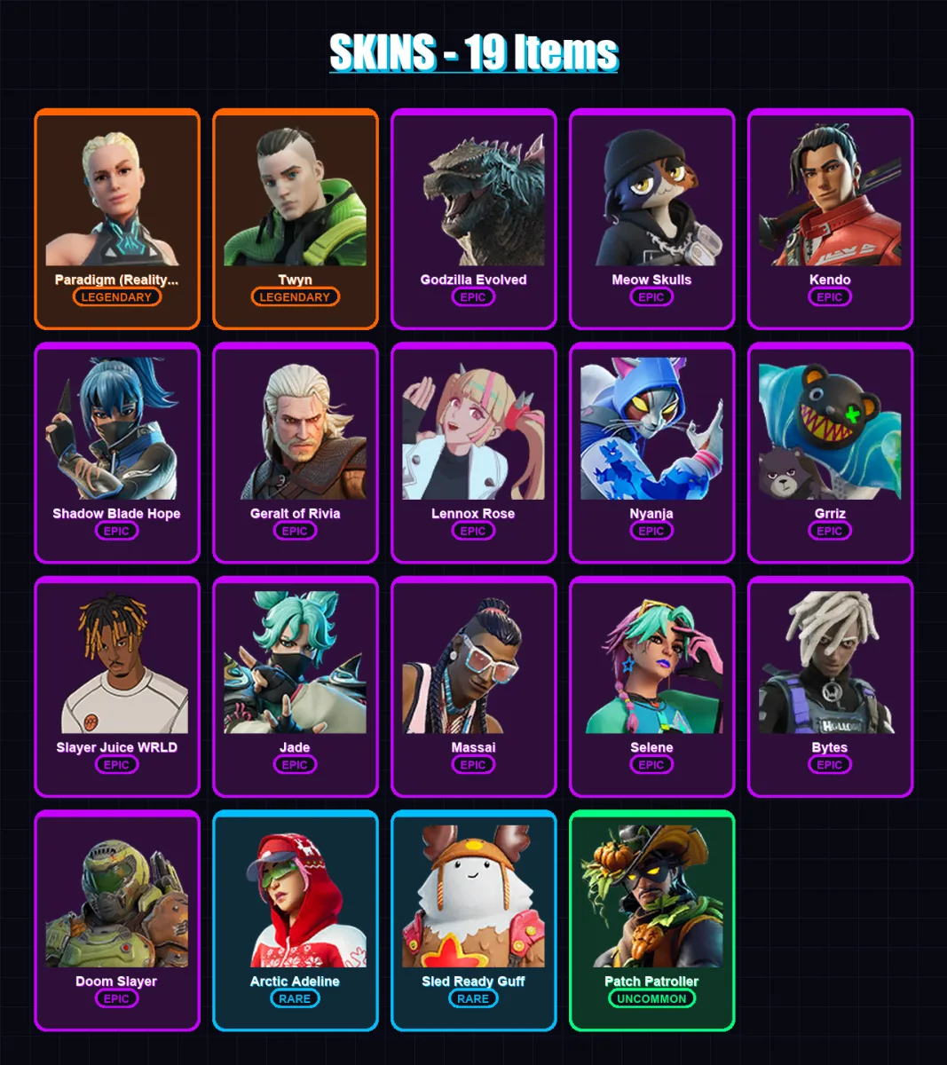 [PC/XBOX/PSN] | Paradigm (Reality-659) | Twyn | Godzilla Evolved | Meow Skulls | Kendo | 19 skin | 44 pickaxe | 26 emote | 47 glider | Lv488