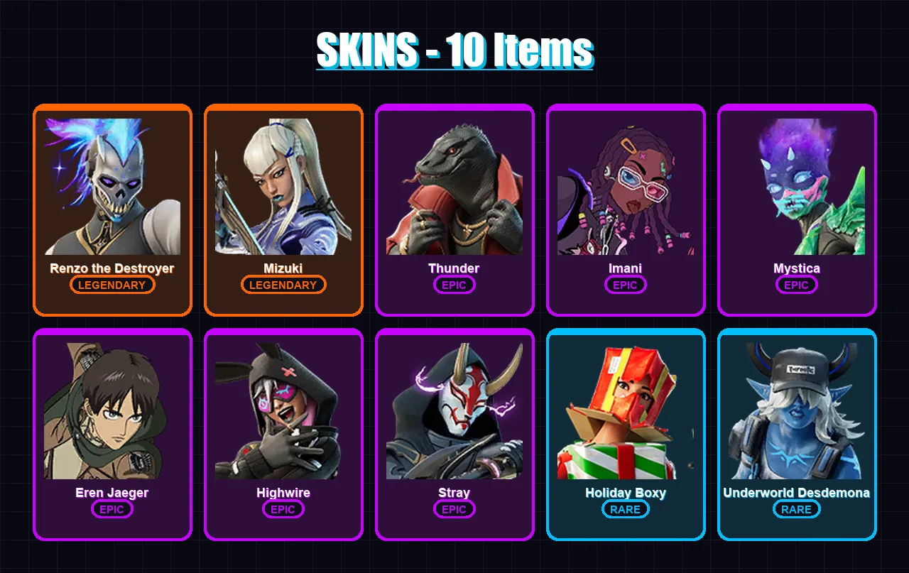 [PC/XBOX] | Renzo the Destroyer | Mizuki | Thunder | Imani | Mystica | 10 skin | 22 pickaxe | 20 emote | 17 glider | Lv234 — Fortnite account