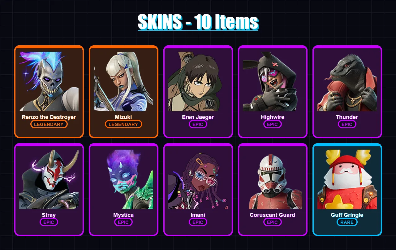 [PC/PSN] | Renzo the Destroyer | Mizuki | Eren Jaeger | Highwire | Thunder | 10 skin | 18 pickaxe | 13 emote | 17 glider | Lv224